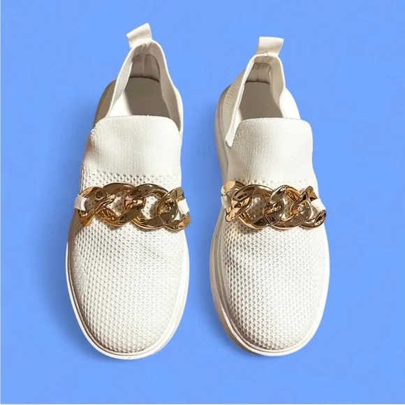 Women's White Slip-On Sneakers with Chunky Gold Chain Size 7.5 - Picture 3 of 7